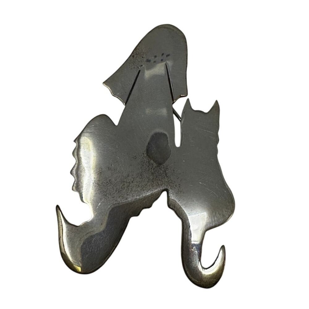 Vintage Sterling Silver Pin Back Brooch Dog & Cat Sitting Next to Each Other